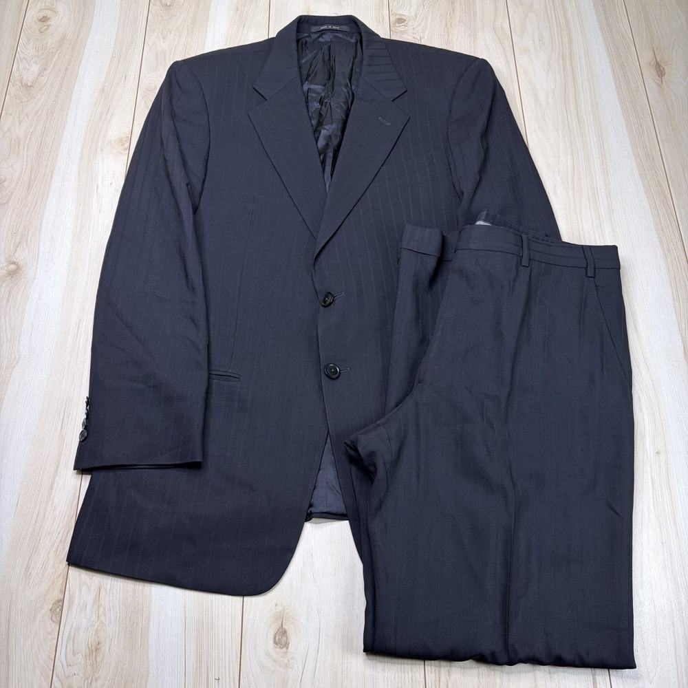 Armani Collezioni Black Striped Wool Suit Mens Size 42L Slim 37x33 Made In Italy